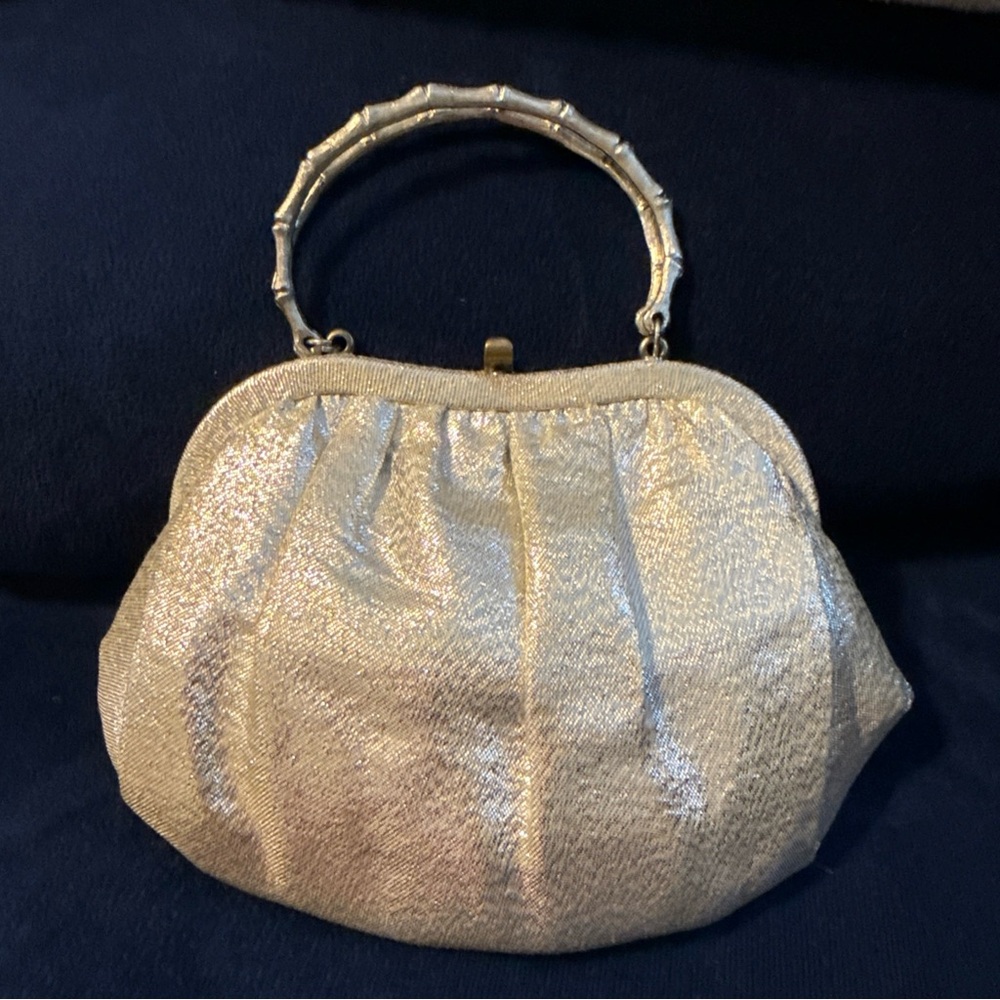 Vintage After Five Gold Shimmer Evening Bag Bow Clutch Chain Strap